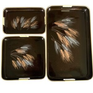Vintage Japan Nesting‎ Tray Set Wheat Design – 3 Serving Trays w/ Handles Brown